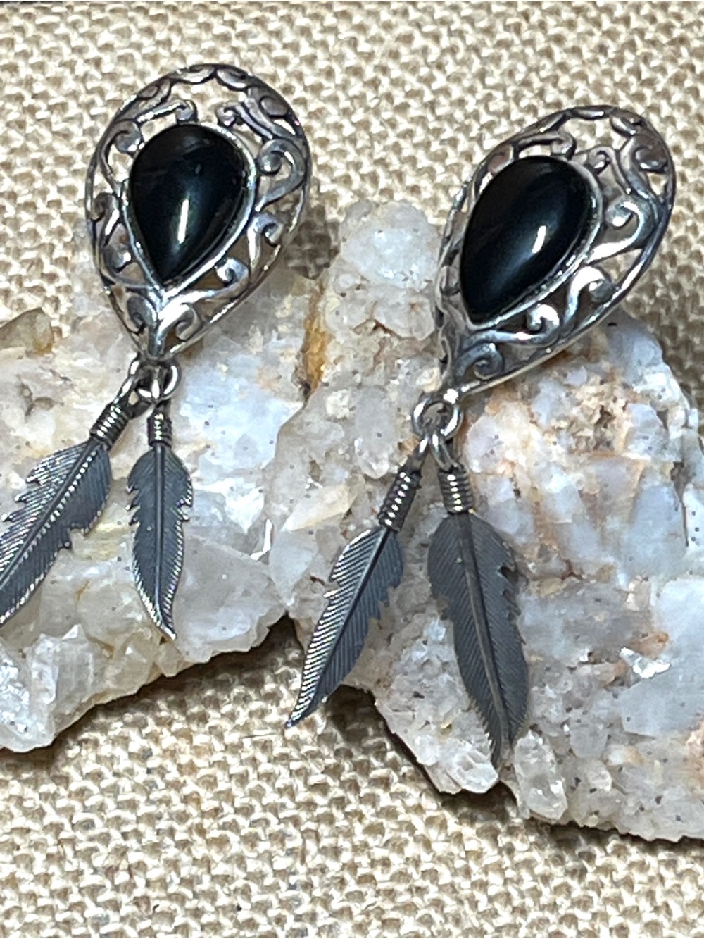 Sterling Silver Black Onyx Earrings Stamped Teardrop 925 Feather Dangles Posts